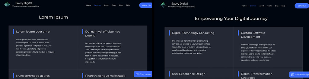 Before and after comparison of a prototype with lorem ipsum vs. TextSmith.ai generated content