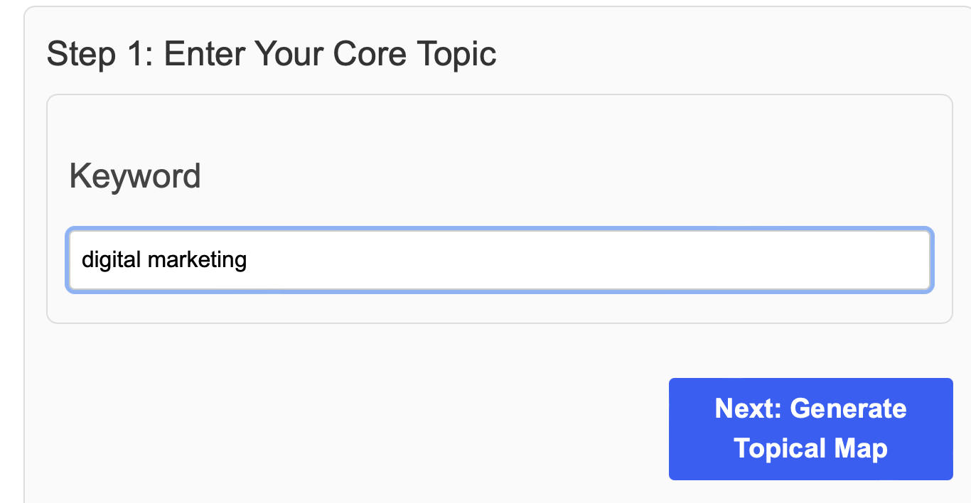 TextSmith.ai interface showing the core topic selection