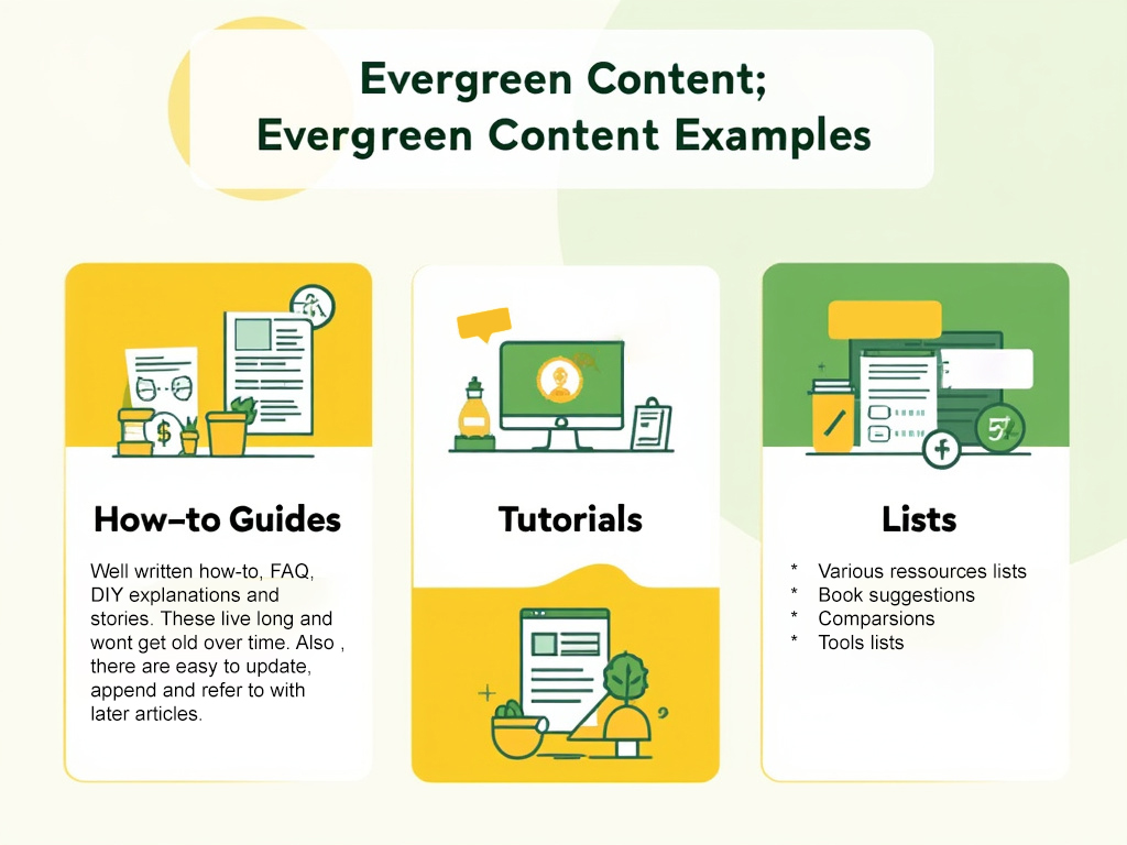 Examples of evergreen content types: How-to Guides, Tutorials, Resource Lists