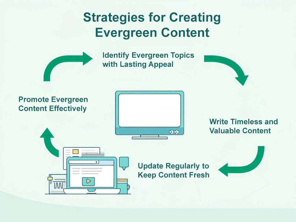 Infographic illustrating the process of creating, updating, and promoting evergreen content